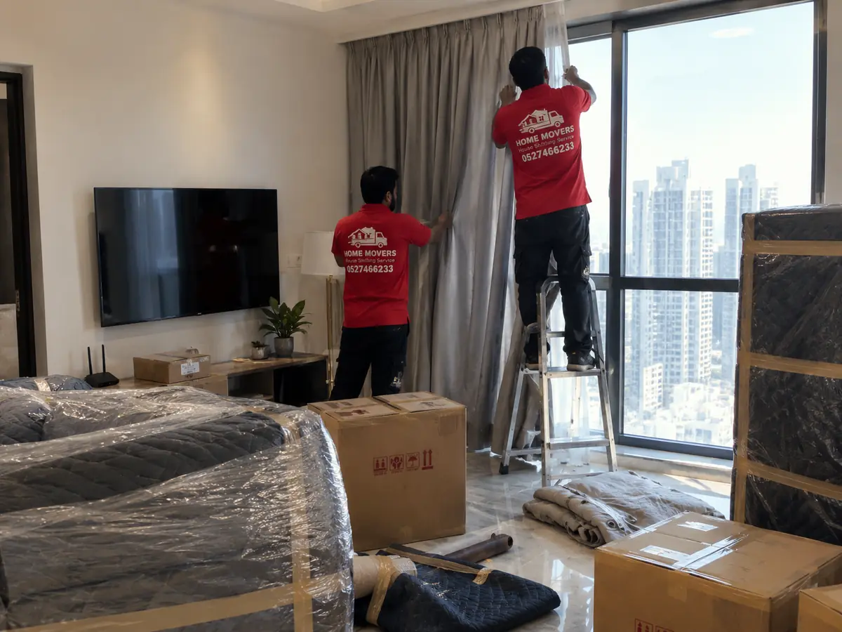 Movers hanging curtains in a high-floor apartment