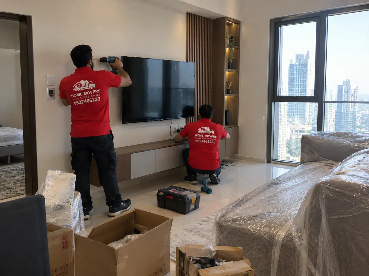 Home Movers team mounting a TV on the wall in a new apartment
