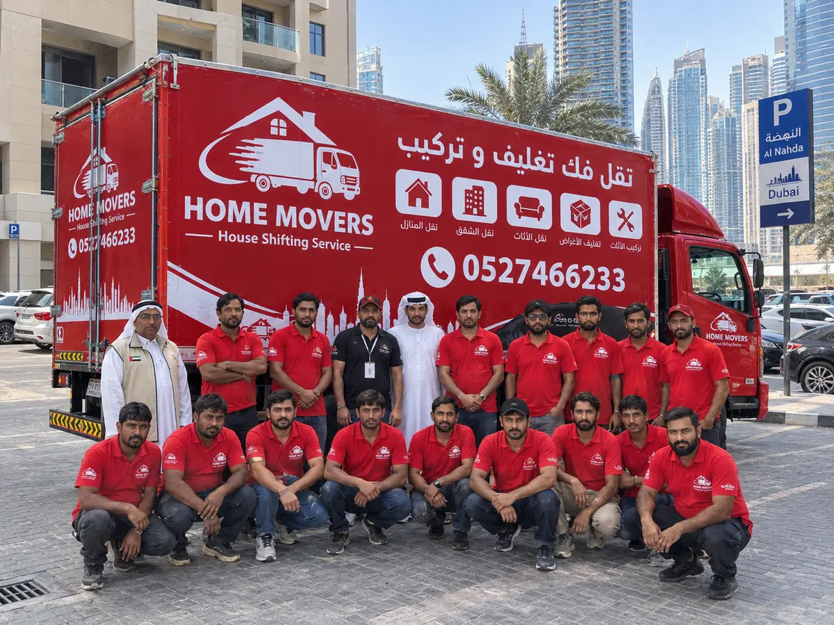 Home Movers team standing in front of the red Home Movers truck in Dubai