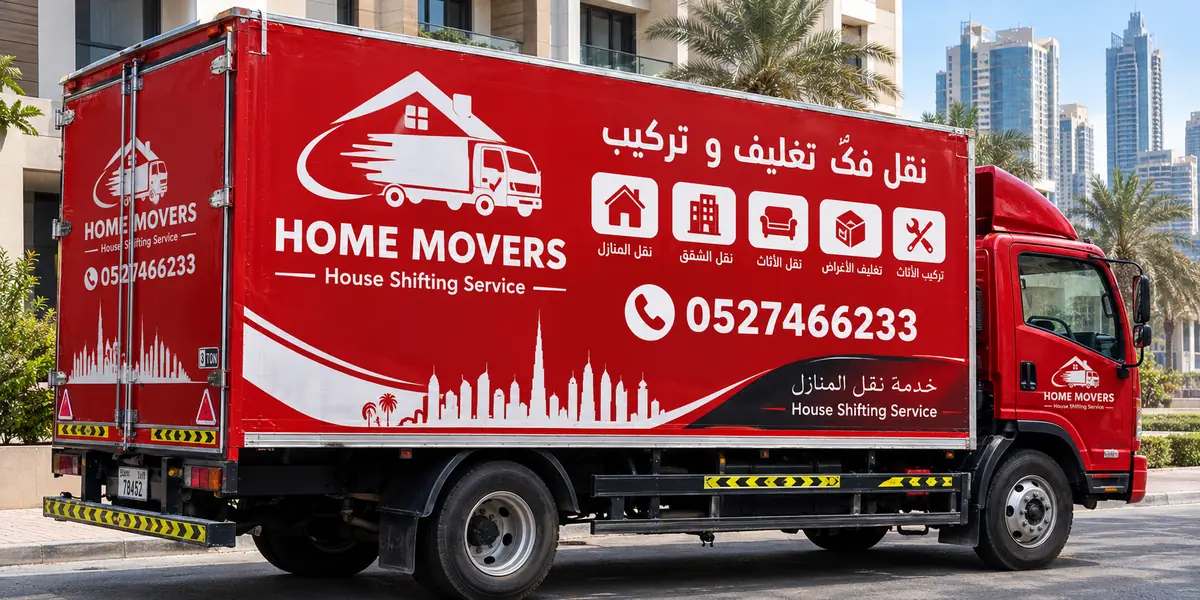 Side view of the red Home Movers moving truck