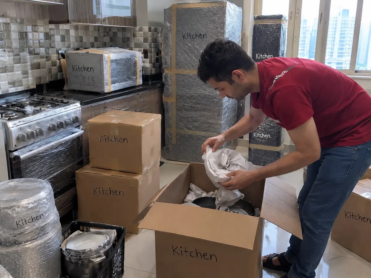 Mover packing kitchen items into labelled boxes