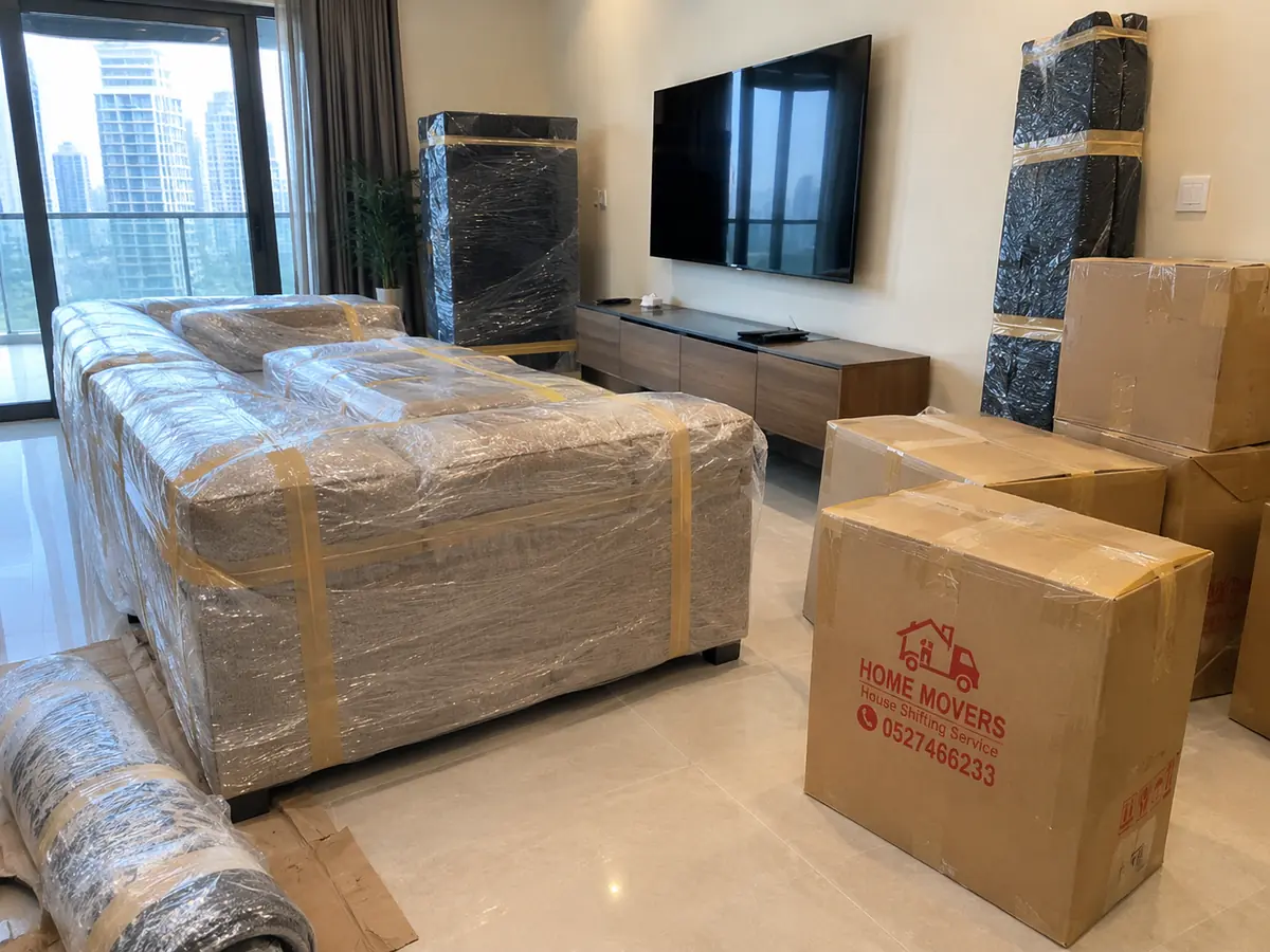Living room with wrapped sofa and a Home Movers box