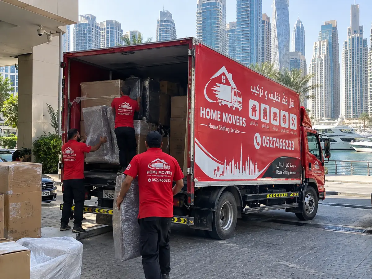 Movers loading a Home Movers truck near Dubai Marina
