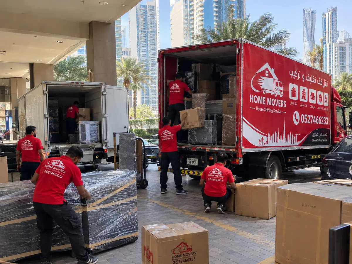 Home Movers crew loading furniture into trucks at a tower entrance