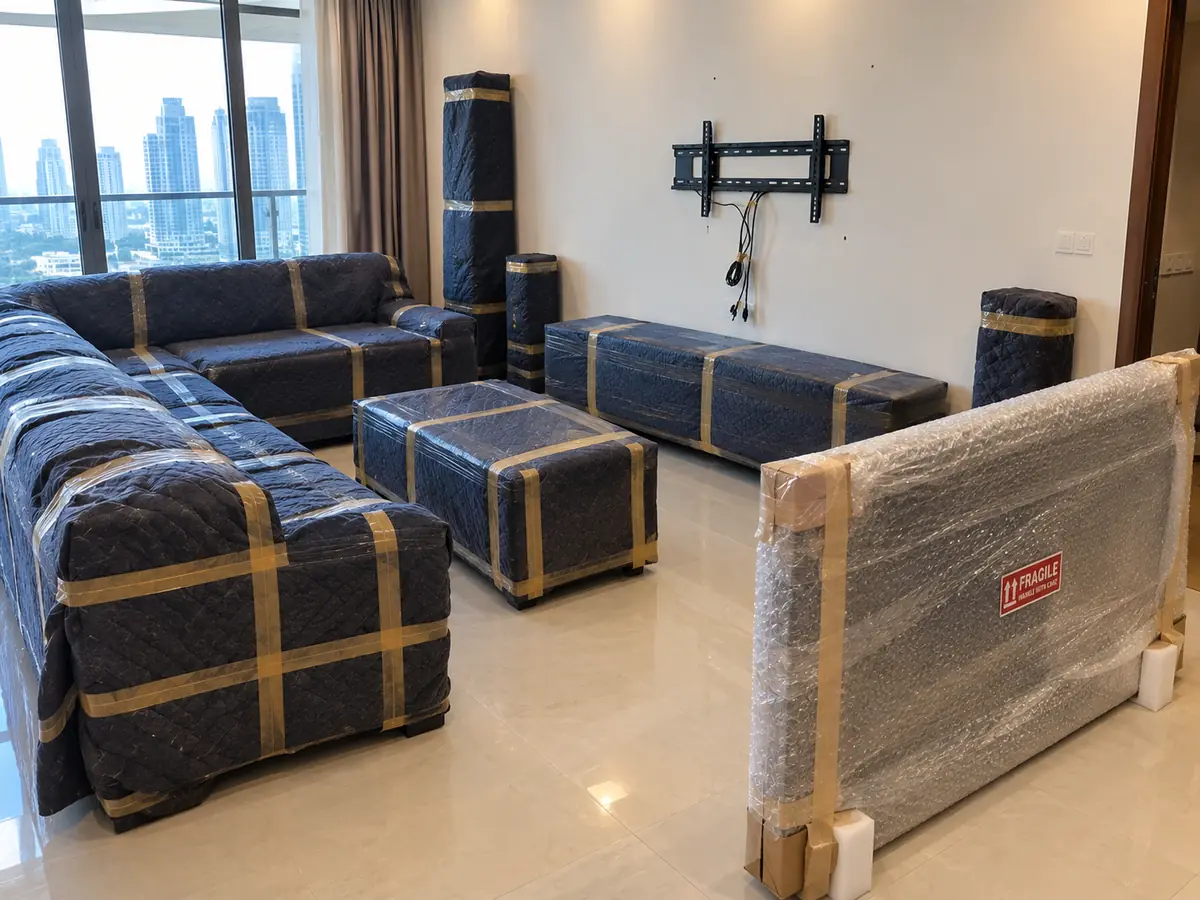 Sofas and tables wrapped in blankets and tape in a living room