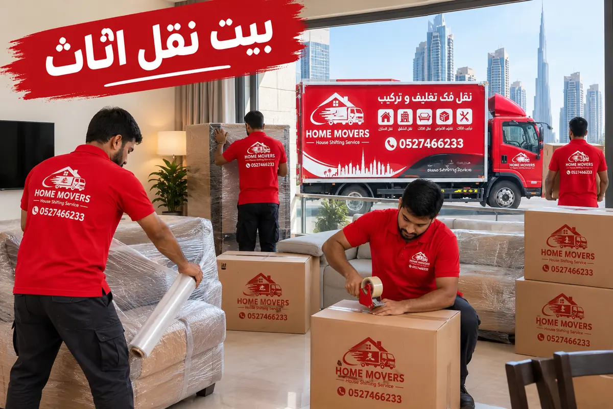 Home Movers crew wrapping a sofa and taping boxes