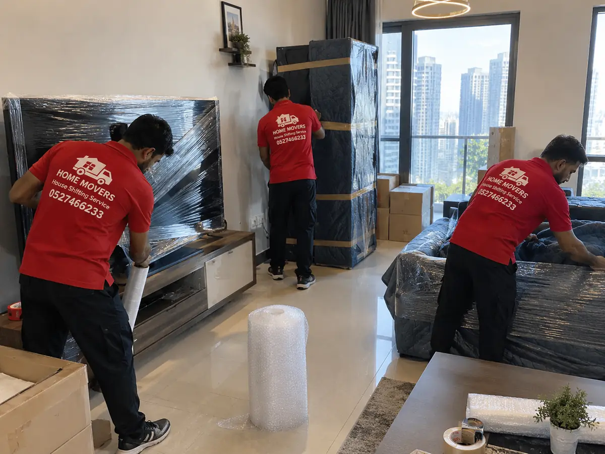 Three movers wrapping a TV and sofa with stretch film