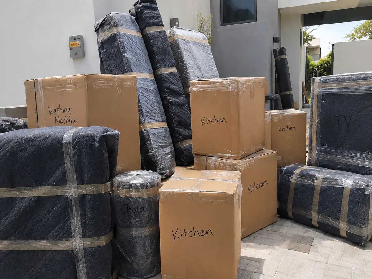 Furniture wrapped in moving blankets and boxes ready for loading